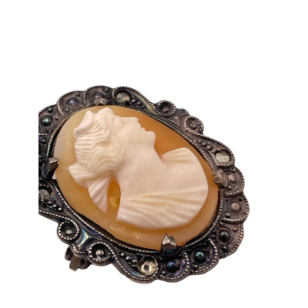 VINTAGE STERLING SILVER MARCASITE AND CARVED SHELL WOMAN CAMEO PIN BROOCH ‎ READ - Picture 3 of 9